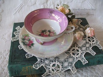 Vintage Tea Cup Footed Pink Roses MOP Pearl Made in Japan Retro Tea Party Gift Mid Century Cottage Shabby Chic Farmhouse   WhenRosesBloom