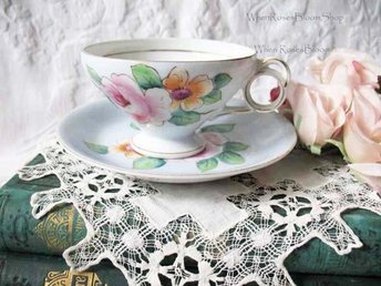 Vintage Tea Cup Footed Blue Pink Roses Made in Japan Tea Time Gift Mid Century Victoria Downton Abbey Cottage Shabby Chic WhenRosesBloom