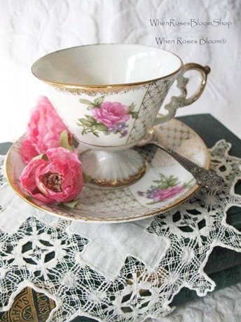 Vintage Footed Tea Cup Saucer Roses Gold Made in Japan Mid Century TeaTime Gift Victoria Downton Abbey Cottage Shabby Chic When Roses Bloom