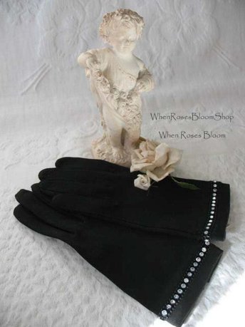 Vintage Black Gloves Sz 6+ Rhinestone Elegant Hollywood Glamour Dance Wedding Evening Cocktail Steampunk  NOS Free Ship US  WhenRosesBloom