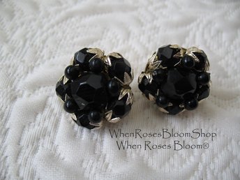 Black Lucite Clip On Earrings Mid Century Retro Vintage Jewelry Plastic Crystal Facet Jewels Hollywood Regency WhenRosesBloom