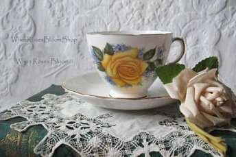 Vintage Tea Cup Yellow Roses English Bone China Retro Classic TeaTime Gift Mid Century Shabby Chic Downton Abbey Style WhenRosesBloom