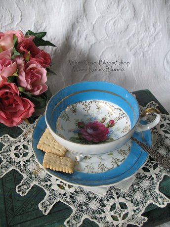 Tea Cup Footed Turquoise Blue with Pink Floral Roses Japan Retro Vintage Tea Time Gift  Romantic Shabby Chic Cottage Tea WhenRosesBloom