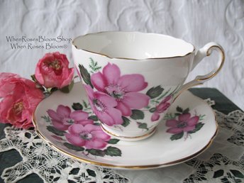 Tea Cup Grosvenor Pink Wild Roses English Bone ChinaTea Gift Vintage Retro Mid Century Shabby Chic Romantic Cottage Style WhenRosesBloom