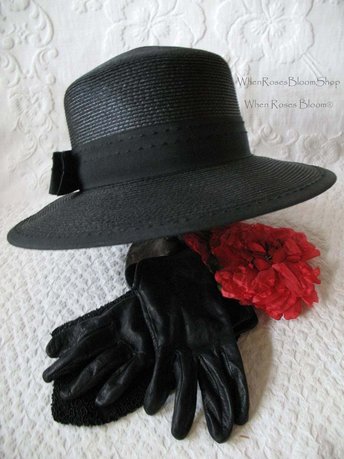 Vintage Black Straw Hat Sailor Panama Boater Classic  Elegant  Retro Style Princess Diana Duchess Kate Miss Phyrne Fisher  WhenRosesBloom