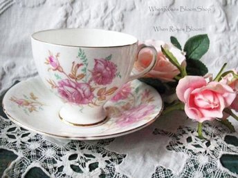 Tea Cup Pink Roses English Bone China Vintage Retro Tea Gift Mid Century Shabby Chic Farmhouse Jane Austen Downton Abbey WhenRosesBloom