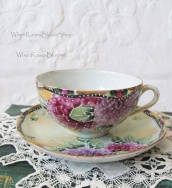 Vintage Tea Cup Purple Floral Hydrangea Japan Moriage TeaTime Gift Victoria Downton Abbey Cottage Shabby Chic Mid Century WhenRosesBloom