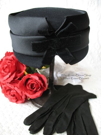 Vintage Black Hat  Wool w/Bow Classic Cocktail Pillbox Bellhop Toque with Elegant Jackie O Style 1940s-50s Cosplay WhenRosesBloom