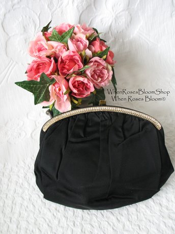Vintage Black Purse Evening Hand Bag Rhinestones Mid Century Retro Classic Hollywood Glamour for Dance Cocktail Party WhenRosesBloom