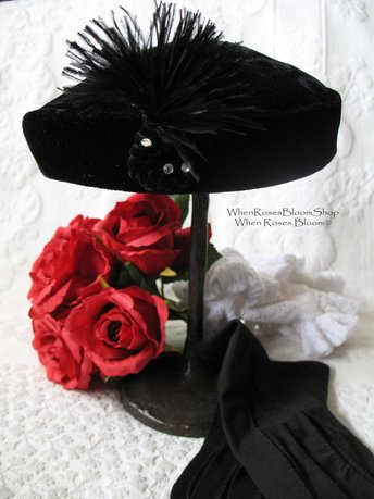 Vintage Hat Black Velvet Pill Box Mid Century 1950s Feather Rhinestone  Steampunk Cosplay  Kate Middleton Style WhenRosesBloom