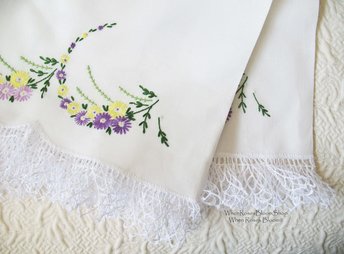 Vintage Pillowcases Pr  Crochet Lace Edges Wildflowers Trousseau NOS Shabby Chic Farmhouse Cottage Style Free Shipping in US WhenRosesBloom