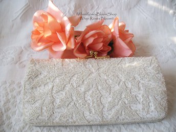 Vintage Purse White Beaded  Evening Bag Mid Century Retro Classic Glamour Wedding Dance Cocktail Party Clutch Purse  WhenRosesBloom