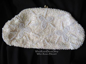 Vintage White Sequin and  Beaded Clutch Purse Evening Bag Art Deco Style Retro Cocktail Party Classic Style Glamour Dance WhenRosesBloom