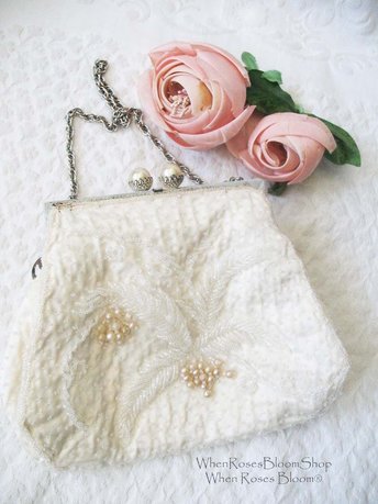 Vintage Purse White  Beaded Formal Evening Bag Elegant Handbag Wedding Tea Party Cocktail Party Deubutante Classic Bridal WhenRosesBloom