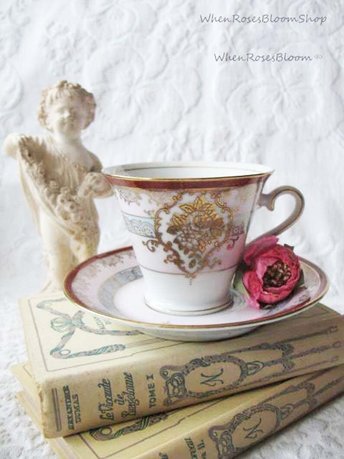 Vintage Tea Cup Red Blue Gold Japan Retro Art Nouveau Art Deco Graphic Edwardian Downton Abbey Style Tea Gift Shabby Chic WhenRosesBloom