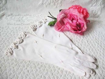 Vintage White Gloves Pearl Rhinestone Retro Mid Century Wedding Bride  Free Ship US Downton Austen Titanic Cosplay    When Roses Bloom