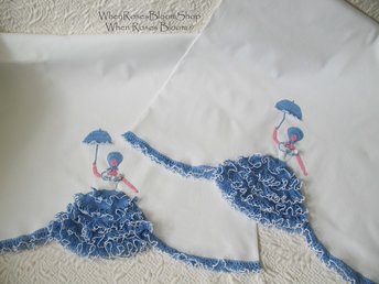 Vintage Pillowcases Crochet Lace Blue Parasol Lady Trousseau Pair NOS Shabby Chic Farmhouse Cottage Style Free Shipping in US WhenRosesBloom