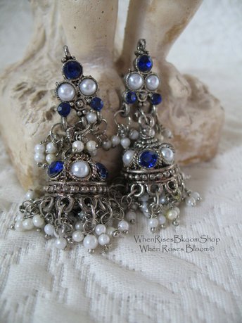 Vintage Silver Blue Pierced Earring Chandelier Boho Gypsy Hipster Casual Retro Jewelry Bollywood Beecham Cosplay FREE SHIP US WhenRosesBloom