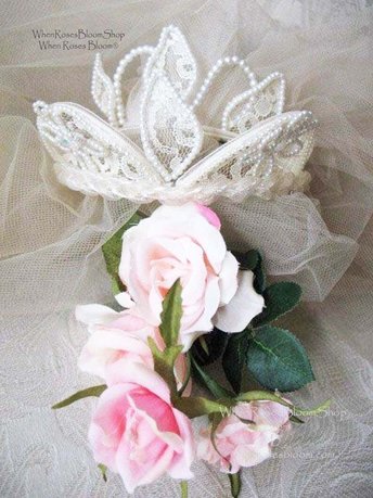 Vintage Wedding Bridal headpiece veil Crown Hat White lace Pearl accents 1st Communion crown veil Classic Mid Century Style WhenRosesBloom
