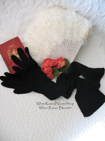 Gloves Black Sz 7 Formal Opera  Debutante Presentation Downton  Lady Mary Mid Century Retro Hollywood Glamour Free Ship US WhenRosesBloom