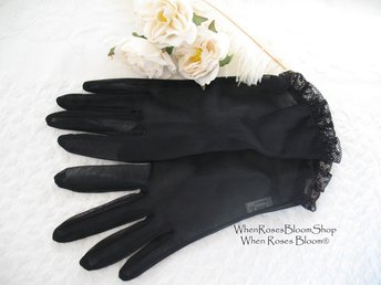 Vintage Gloves Sheer Black Sz 7.5 Retro Mid Century 40s 50s NOS Tea Dance Wedding Downton Steampunk Cosplay Free Ship US  WhenRosesBloom
