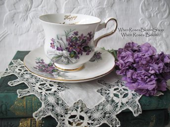 Vintage Tea Cup English Bone China Violets Happy Anniversary  Retro Tea Gift Classic Mid Century Modern Shabby Chic Tea  WhenRosesBloom