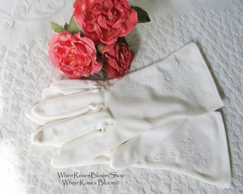 White Gloves Vegan Fabric Retro Vintage Tea Party Wedding  Elegant Cosplay  Mid Century Style washable gloves Free Ship US When Roses Bloom