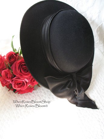 Vintage Black Hat Tailored Artsy Hat wide brim Ribbon Bow Retro Hollywood Miss Fisher Temple Doom Style Steampunk Cosplay WhenRosesBloom