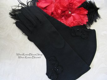 Vintage Black Gloves Gauntlet wrist beads  Elegant Hollywood Glamour Dance Evening Cocktail Steampunk Cosplay Free Ship US  WhenRosesBloom