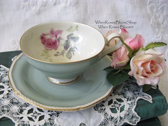 Vintage Tea Cup Turquoise Blue  Rose Footed Melrose German US Zone  Downton Elegant Shabby Chic Mid Century Tea Party Gift  WhenRosesBloom