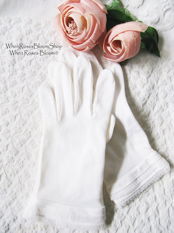 White Vintage Gloves Sz 8 8.5  Wedding Tea Dance Downton Miss Fisher Retro Mid Century Cosplay Free Ship  US When Roses Bloom