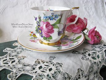 Vintage Floral Tea Cup Spring Roses English Bone China Tea Gift Dainty Elegant Shabby Chic Retro Mid Century Classic British WhenRosesBloom