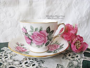 Vintage Tea Cup Pink Roses English Bone China Retro Tea Gift Mid Century Shabby Chic Farmhouse Jane Austen Downton Abbey WhenRosesBloom