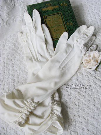 Vintage Stetson Long White Gloves gathered wrist Size 6 1/2 6.5 Tea Party Dance Mid Century Audrey Hepburn Style Free ship US WhenRosesBloom
