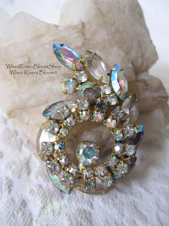 Rhinestone Brooch Vintage Costume Jewelry Aurora Borealis Statement Pin Bridal  Mid Century Retro Style Lapel Dress Pin When Roses Bloom