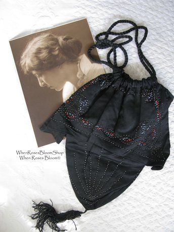 Vintage Black  Purse Victorian Edwardian Evening Bag Purse Reticule Drawstring Downton Abbey Titanic Steampunk Retro Cosplay WhenRosesBloom