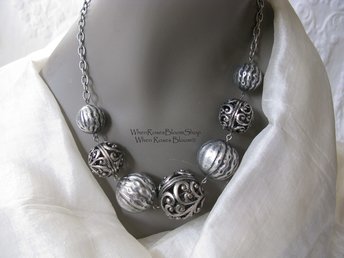 Vintage Silver Multi Bead Statement Necklace Boho Gypsy Minimalist Retro Style Elegant but Casual WhenRosesBloom