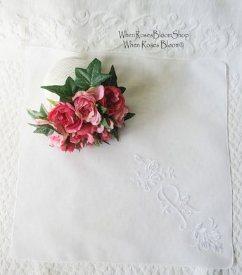 White Hanky R Initial Monogram Roses Vintage Wedding Keepsake Birthday Gift Remembrance Heirloom Handkerchief Free Ship  US  WhenRosesBloom