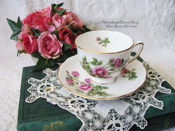 Vintage Tea Cup Pink Roses English Bone China Retro Tea Gift Mid Century Shabby Chic Farmhouse Jane Austen Downton Abbey WhenRosesBloom