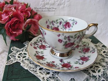 Vintage Rose Chintz Tea Cup Pink Purple Japan Mid Century Retro Elegant Tea Gift Victoria Downtown Tea Cottage Shabby Chic WhenRosesBloom