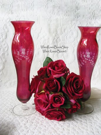 Vintage Pair Etched Cranberry Glass Flower Bud Vase Pair 2 Ruby Flash Style Bohemian Glass Shabby Decor Style  Farmhouse WhenRosesBloom