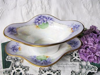Vintage Violet China Sauce Gravy Jam Dish with Plate Hand Painted 1900's Edwardian Victorian Downton Cottage Shabby Chic WhenRosesBloom