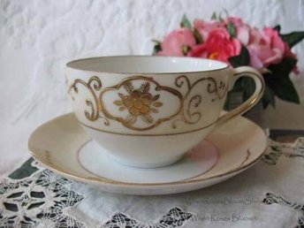 Tea Cup & Saucer Japan Gold Tea For Two Downton Tea Cottage Farmhouse Shabby Chic Mid Century Tea Style Gold Creme floral WhenRosesBloom