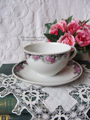 6 Tea Cups Pink Roses Black Chintz Look Set 6 Vintage Made in Japan Tea Time Gift Mid Century Farmhouse Cottage Shabby Chic WhenRosesBloom