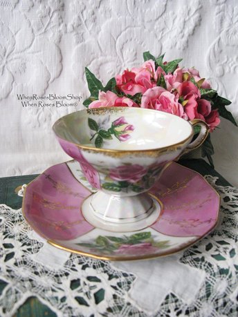 Tea Cup Pink Roses Footed Japan Vintage Downton Tea Time Gift Cottage Shabby Chic Mid Century Tea Style  WhenRosesBloom