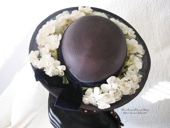 Vintage Blue Straw Hat Classic  Flowers Garden Tea Party Hat Summer Straw Hat with Flowers Mid Century Elegant Cosplay WhenRosesBloom