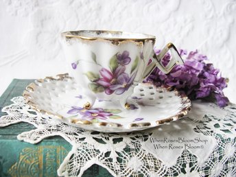 Violet Tea Cup Vintage Footed Cabinet Cup Child Dolly Mid Century Japan  Retro Tea Gift Cottage Farmhouse Shabby Chic Style WhenRosesBloom