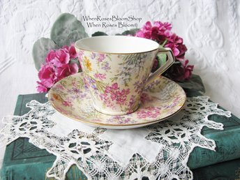 Vintage Tea Cup Chintz Pink Purple Heather Floral English Bone china Tea Cup  Downton Shabby Chic Mid Century Tea Party Gift  WhenRosesBloom