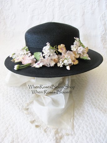 Vintage Black Straw Hat Classic  Flowers Garden Tea Party Hat Summer Straw Hat with Flowers Elegant Cosplay WhenRosesBloom