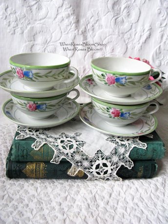 4 Tea Cups Pink Roses with Green leaves Set 4 Vintage Made in Japan Tea Time Gift Mid Century Farmhouse Cottage Shabby Chic WhenRosesBloom